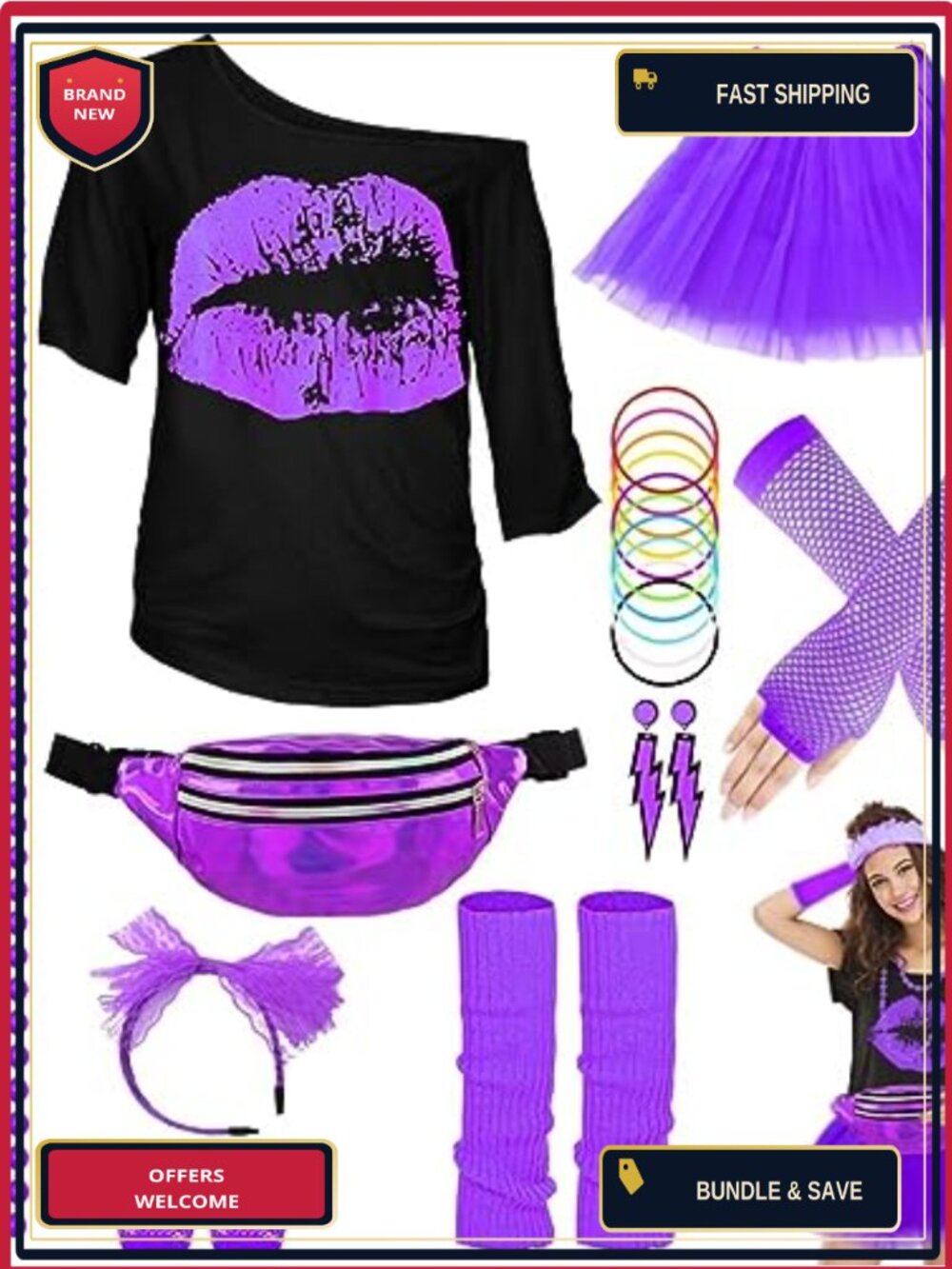 80s Costume Set Women T-Shirt Tutu Fanny Pack Fishnet Gloves 24PCS